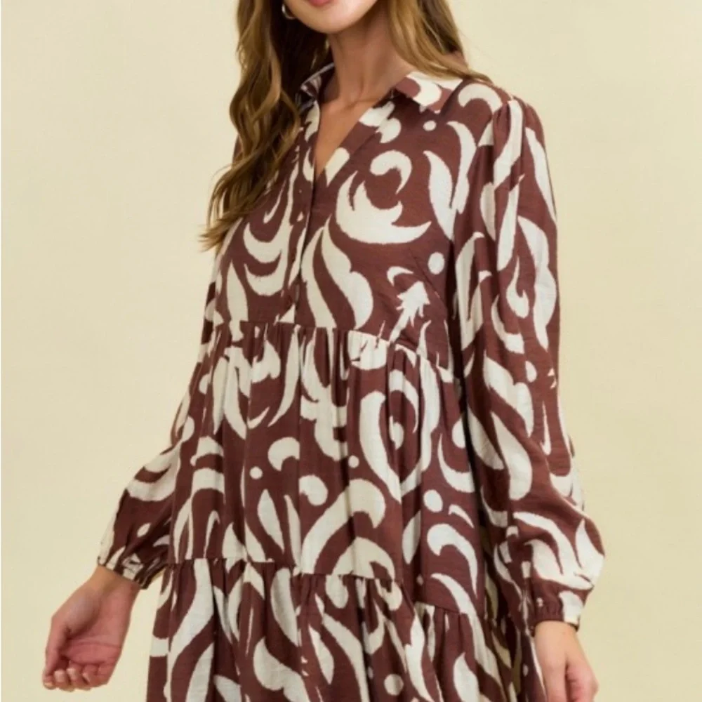Doe and Rae Chocolate Leaf Printed Poplin Half Button Down Mini Dress - Picture 2 of 5